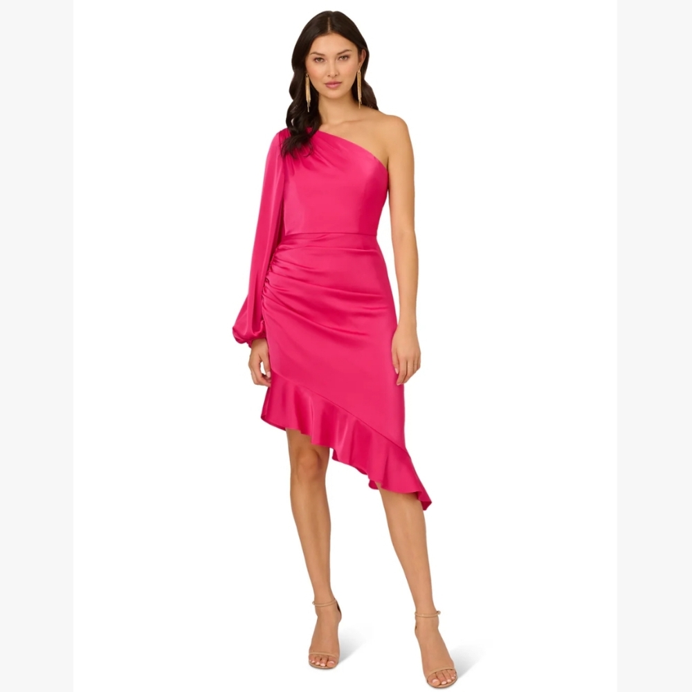 Liv Foster Pink Satin One Shoulder Ruffle Mini Dress 2 NWT Cocktail